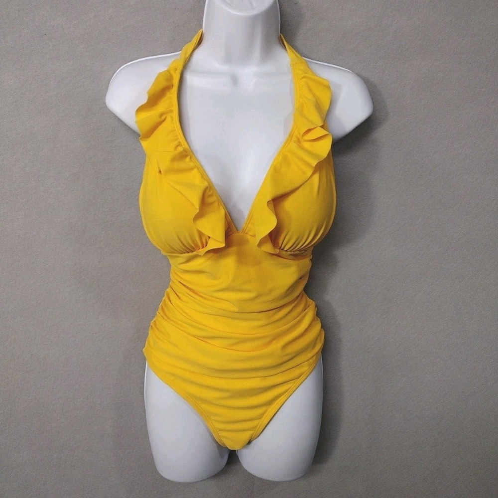Ellen Tracy One Piece Swimsuit Women's 8 Ruffles Halter Tie Yellow Retro Style